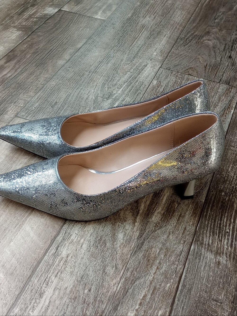 Silver glitter kitten heels with pointed toe